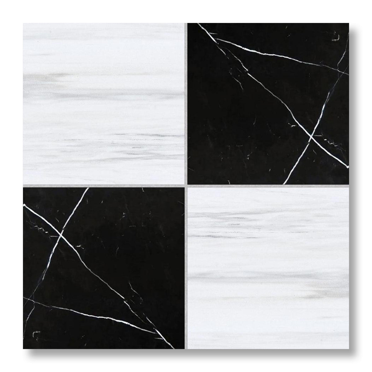 12x12 Checkerboard Tile - Black Marquina & Bianco Dolomite Polished Marble - American Tile Depot