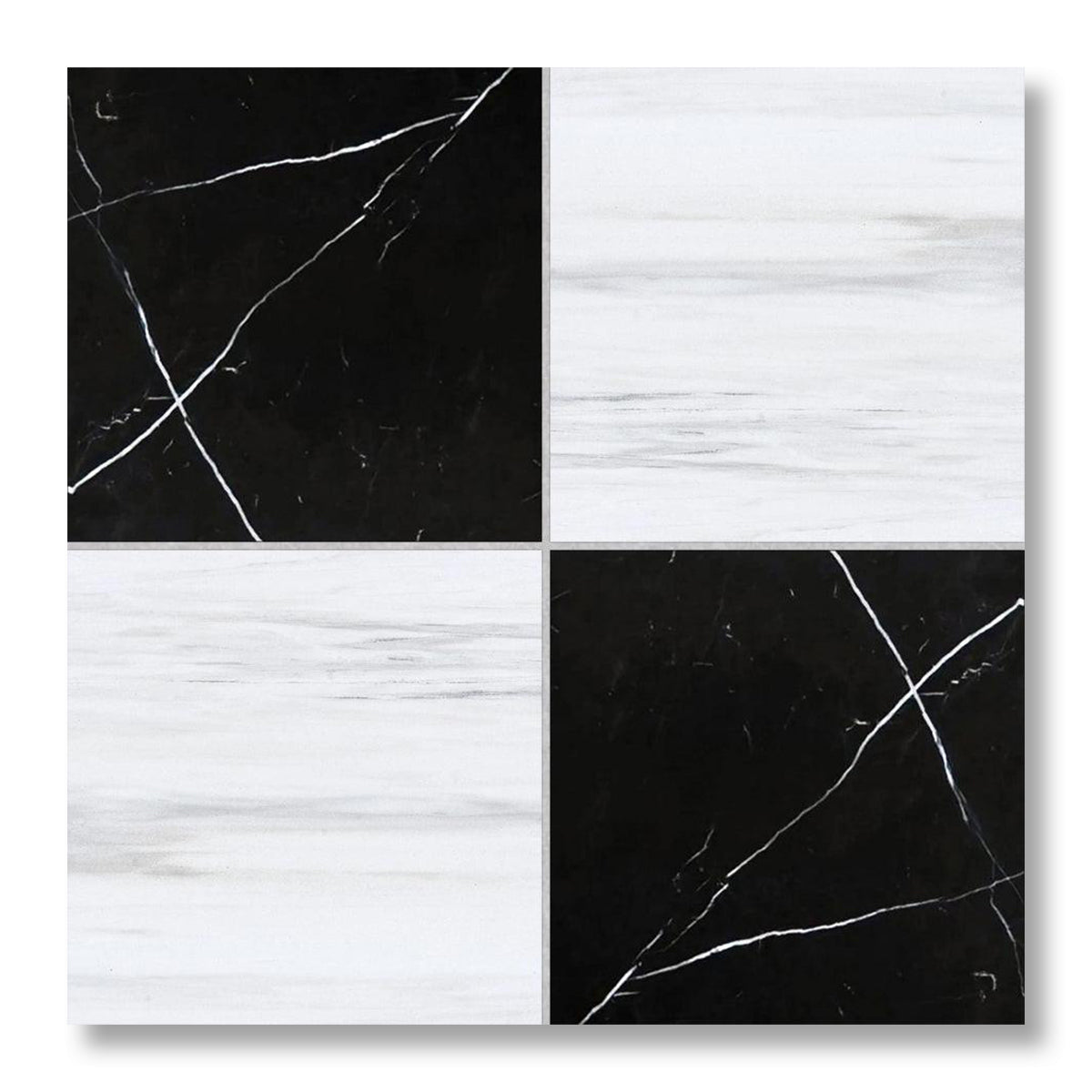 12x12 Checkerboard Tile - Black Marquina & Bianco Dolomite Polished Marble - American Tile Depot