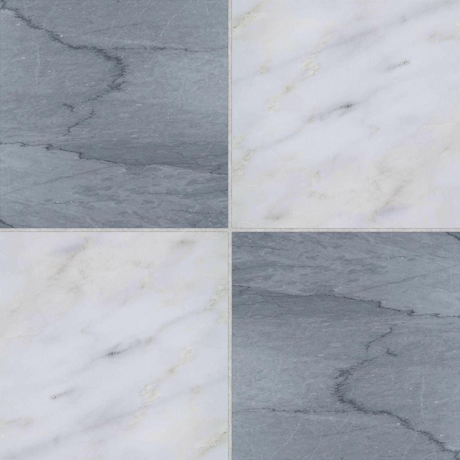 12x12 Checkerboard Tile - Bardiglio Imperiale & Asian Statuary Polished Marble 12x12 Checkerboard Tile - Bardiglio Imperiale & Asian Statuary Polished Marble - American Tile Depot