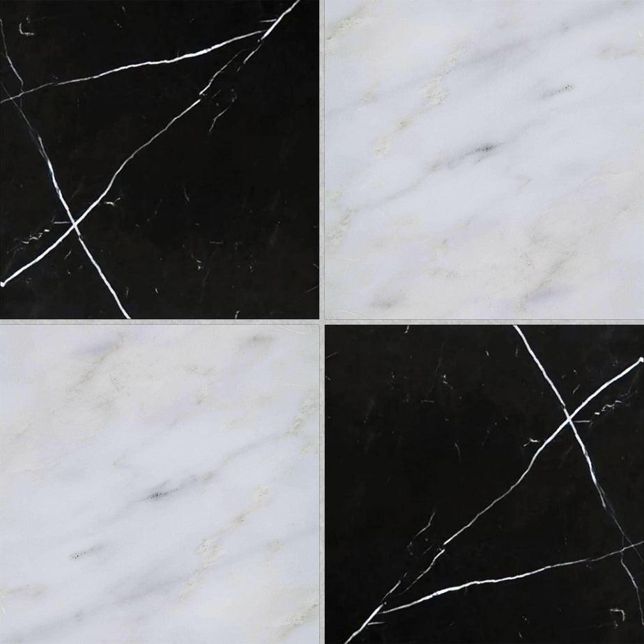 12x12 Checkerboard Tile - Black Marquina & Asian Statuary Polished Marble 12x12 Checkerboard Tile - Black Marquina & Asian Statuary Polished Marble - American Tile Depot