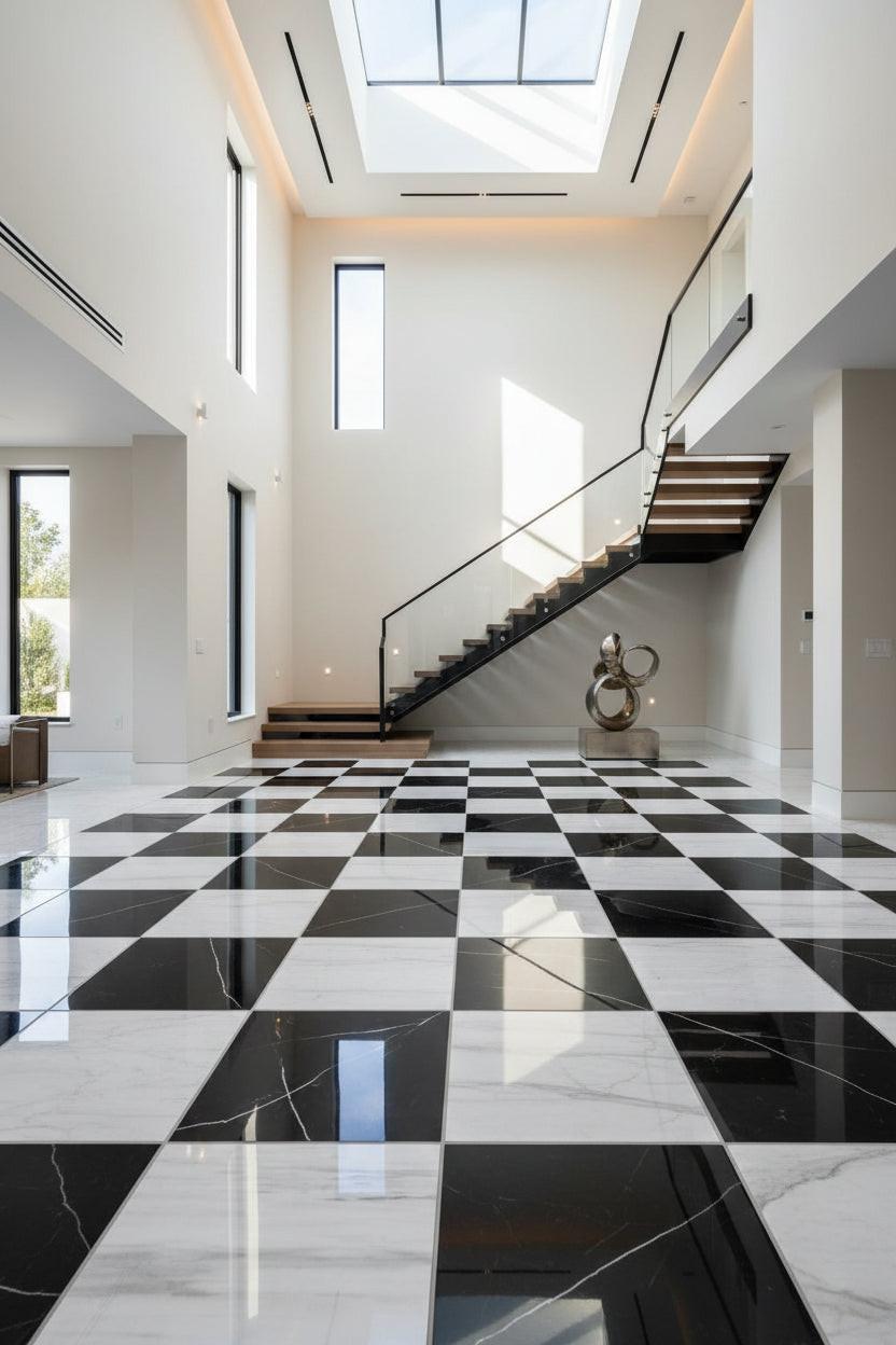 12x12 Checkerboard Tile - Black Marquina & Bianco Dolomite Honed Marble 12x12 Checkerboard Tile - Black Marquina & Bianco Dolomite Honed Marble - American Tile Depot