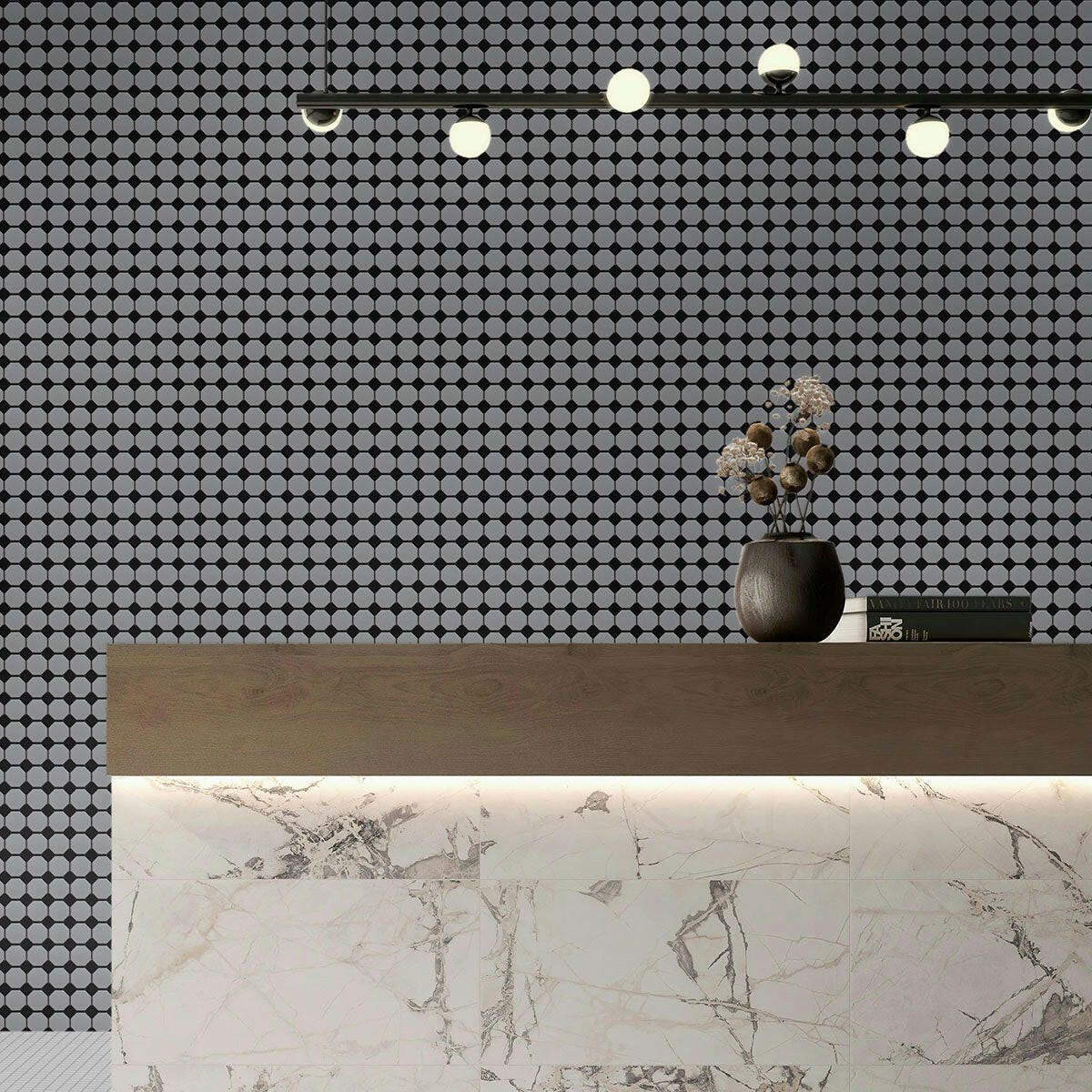 12x12 Array Snow White & Black Octagon Matte Porcelain Mosaic Tile-American Tile Depot