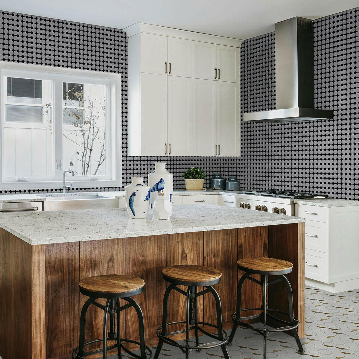 12x12 Array Snow White & Black Octagon Matte Porcelain Mosaic Tile-American Tile Depot