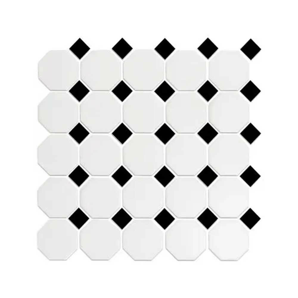 12x12 Array Snow White & Black Octagon Matte Porcelain Mosaic Tile-American Tile Depot