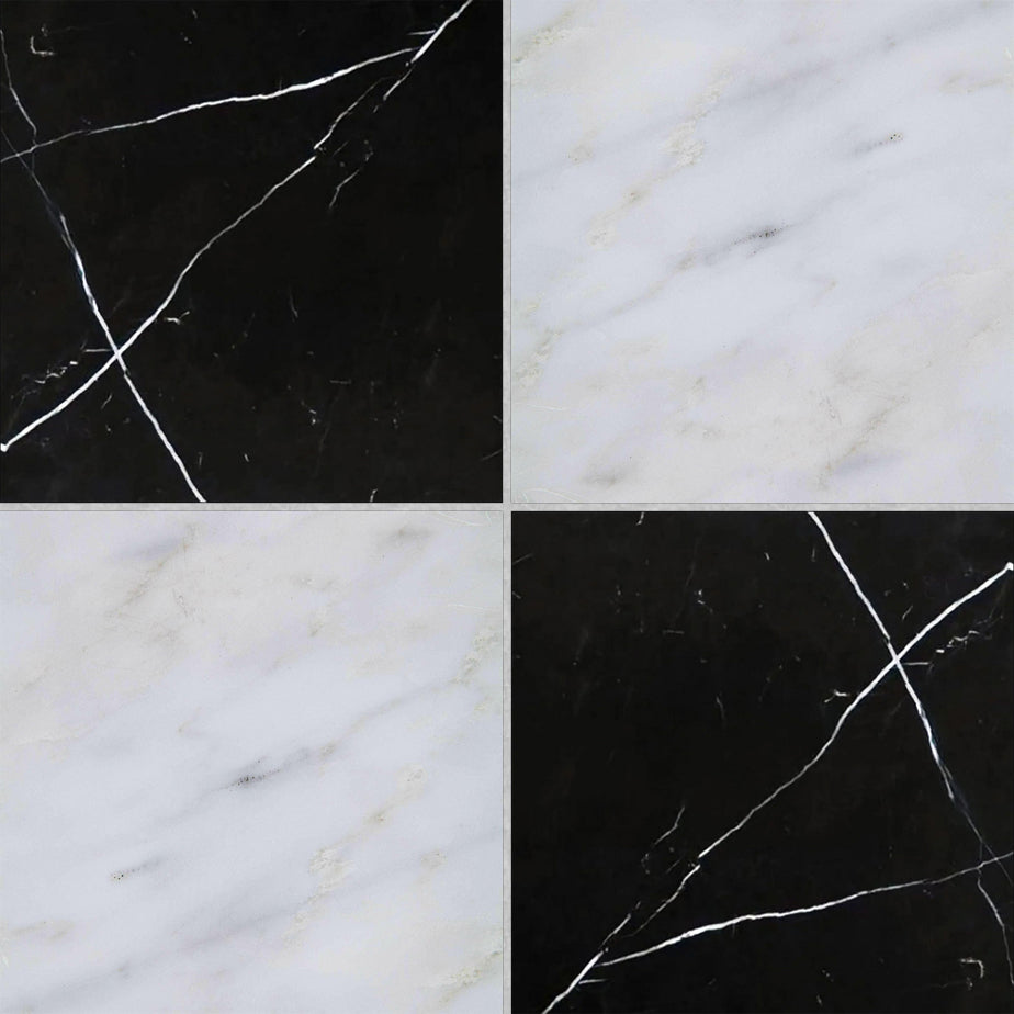 12x12 Checkerboard Tile - Black Marquina & Asian Statuary Polished Marble