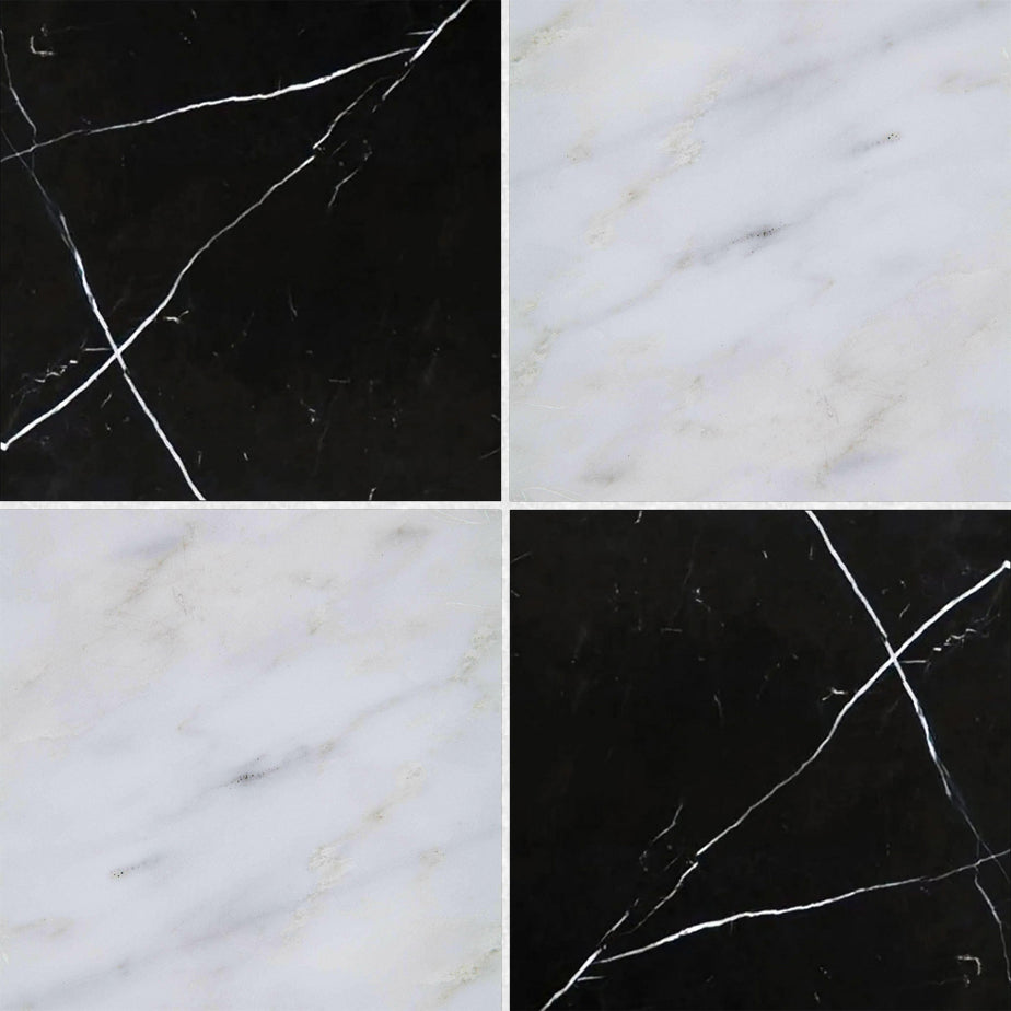 12x12 Checkerboard Tile - Black Marquina & Asian Statuary Honed Marble