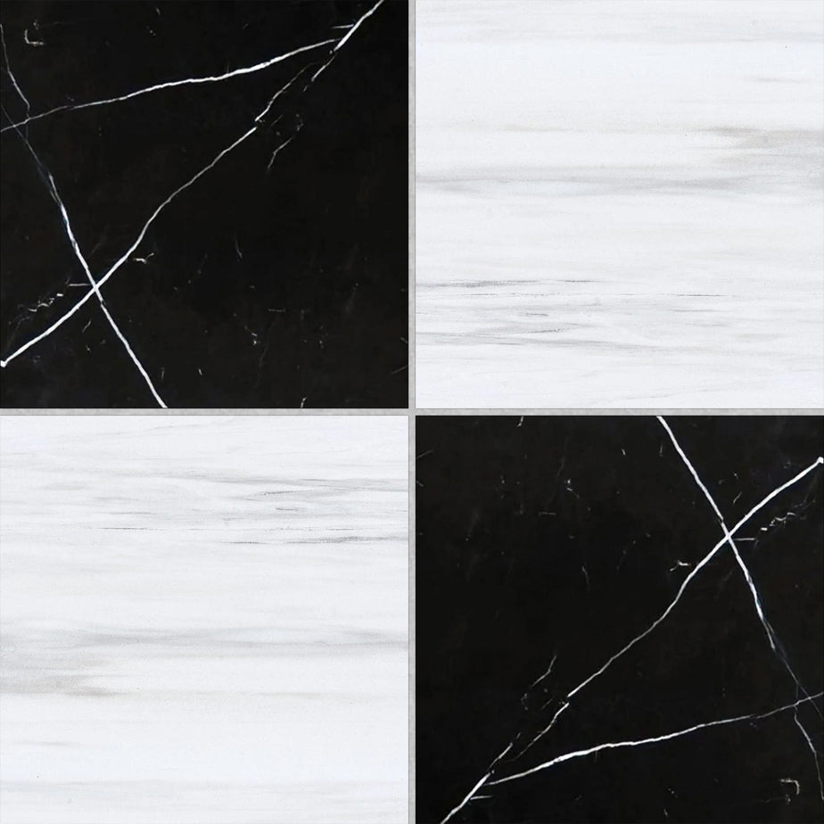 12x12 Checkerboard Tile - Black Marquina & Bianco Dolomite Polished Marble