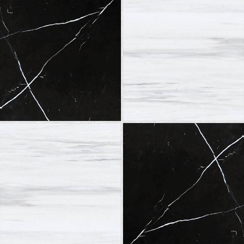 12x12 Checkerboard Tile - Black Marquina & Bianco Dolomite Polished Marble