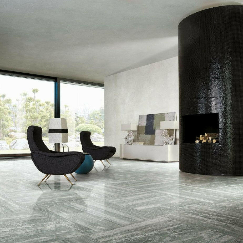 16x32 Vorix Grey Glossy Travertine Look Porcelain Tile 16x32 Vorix Grey Glossy Travertine Look Porcelain Tile - American Tile Depot