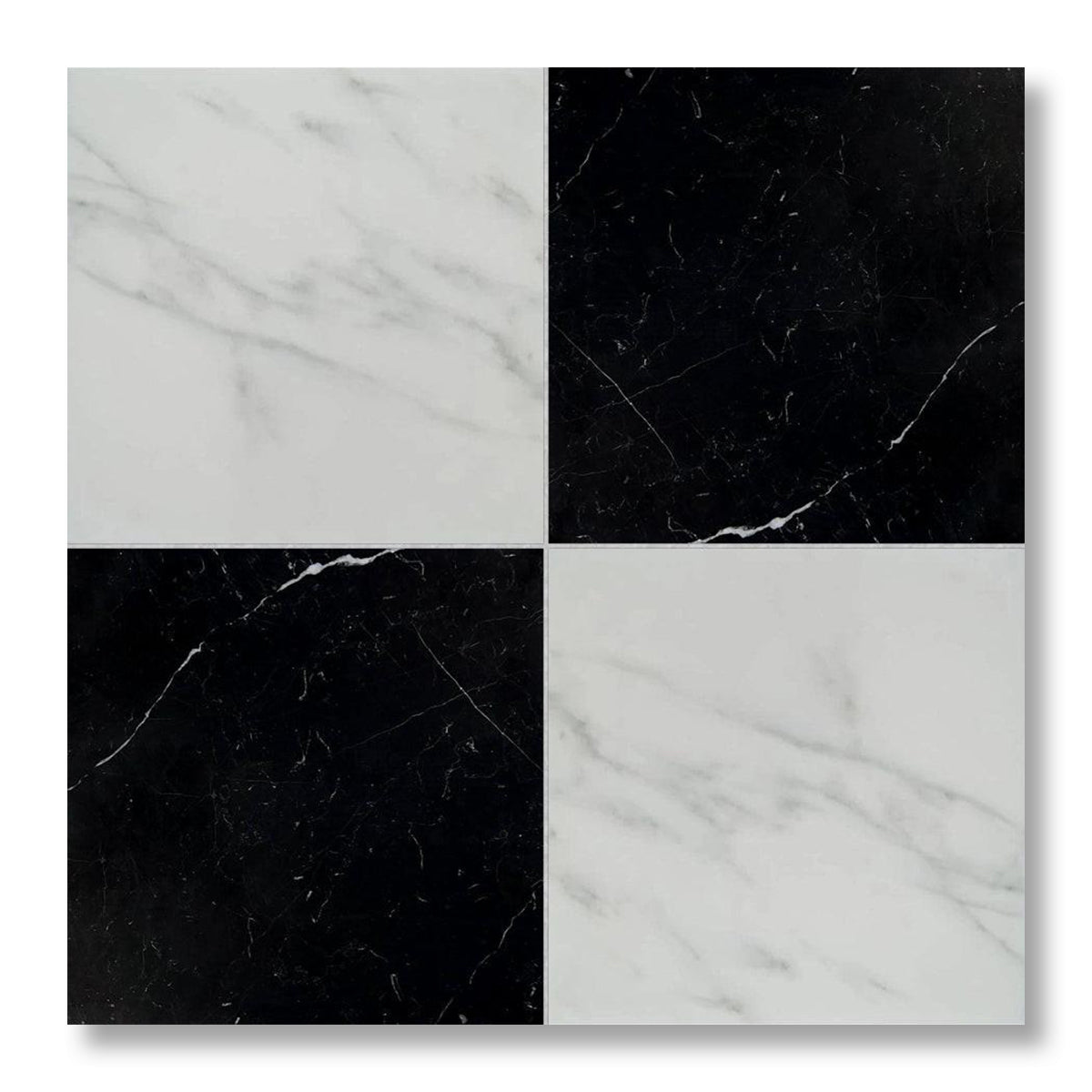 18x18 Checkerboard Tile - Black Marquina & Asian Statuary Honed Marble - American Tile Depot