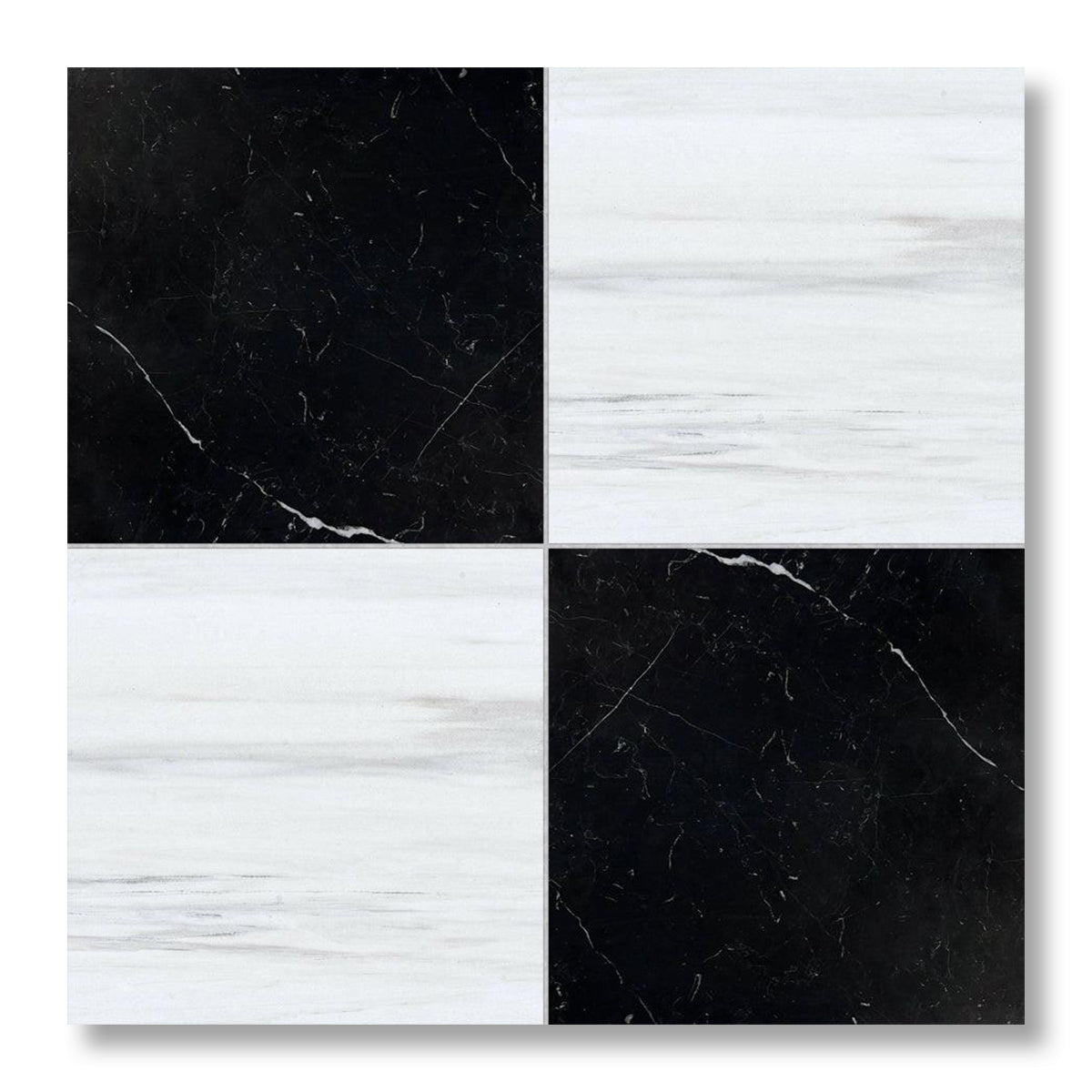18x18 Checkerboard Tile - Black Marquina & Bianco Dolomite Honed Marble - American Tile Depot