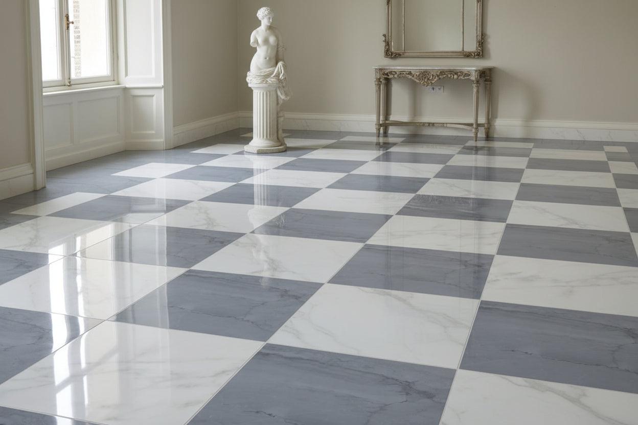 18x18 Checkerboard Tile - Bardiglio Imperiale & Asian Statuary Honed Marble 18x18 Checkerboard Tile - Bardiglio Imperiale & Asian Statuary Honed Marble - American Tile Depot