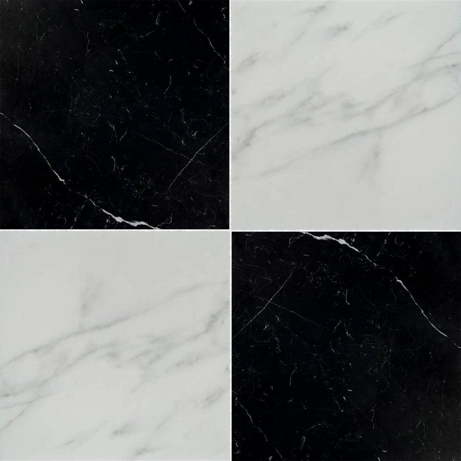 18x18 Checkerboard Tile - Black Marquina & Asian Statuary Polished Marble 18x18 Checkerboard Tile - Black Marquina & Asian Statuary Polished Marble - American Tile Depot