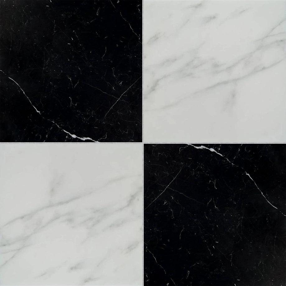 18x18 Checkerboard Tile - Black Marquina & Asian Statuary Polished Marble 18x18 Checkerboard Tile - Black Marquina & Asian Statuary Polished Marble - American Tile Depot