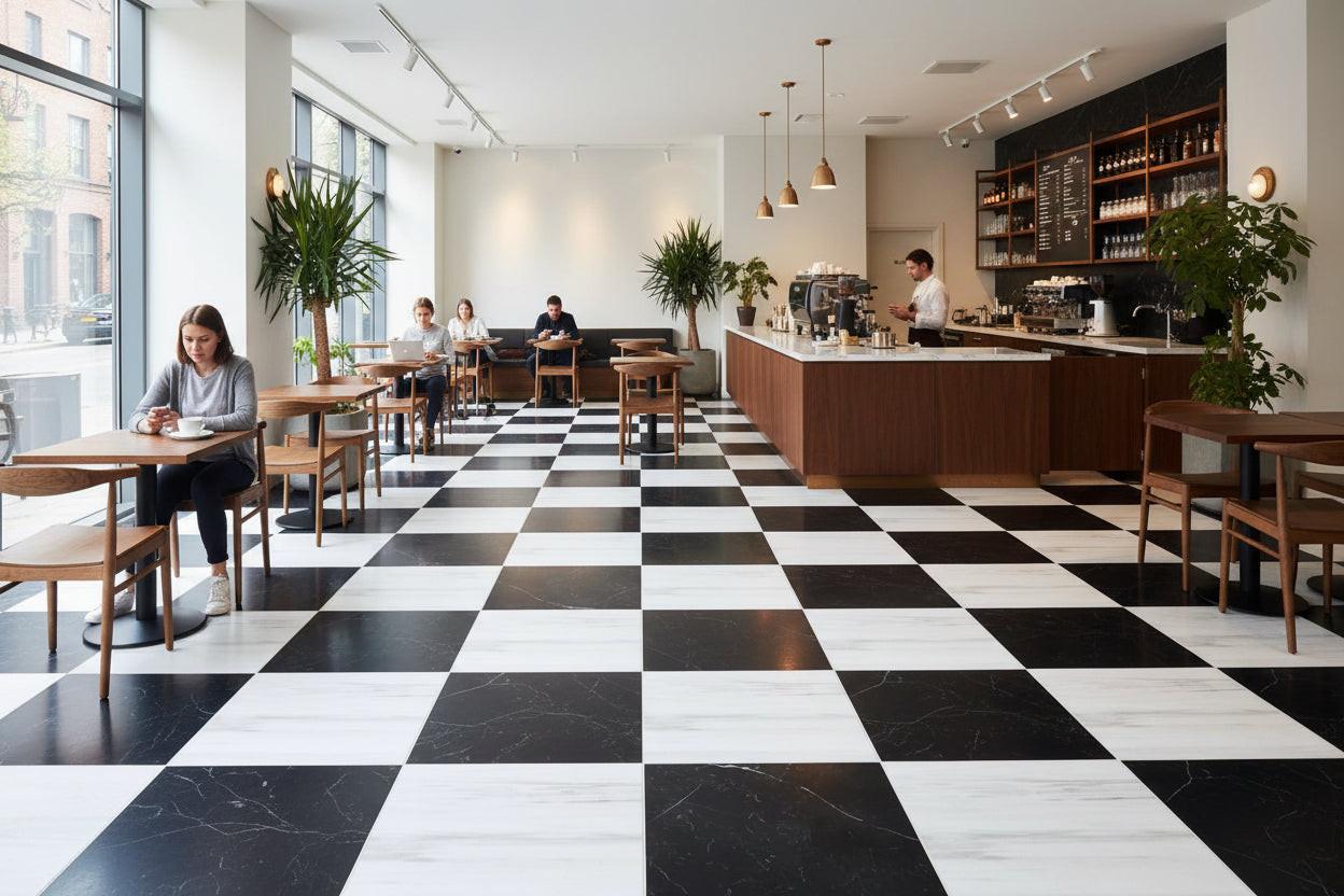18x18 Checkerboard Tile - Black Marquina & Bianco Dolomite Polished Marble 18x18 Checkerboard Tile - Black Marquina & Bianco Dolomite Polished Marble - American Tile Depot