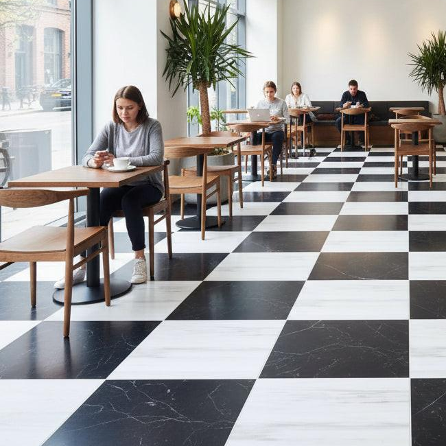 18x18 Checkerboard Tile - Black Marquina & Bianco Dolomite Polished Marble - American Tile Depot