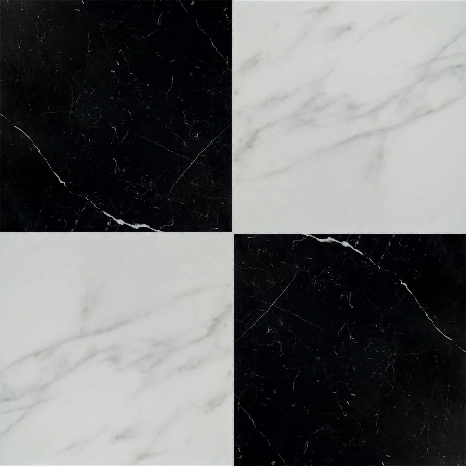 18x18 Checkerboard Tile - Black Marquina & Asian Statuary Honed Marble