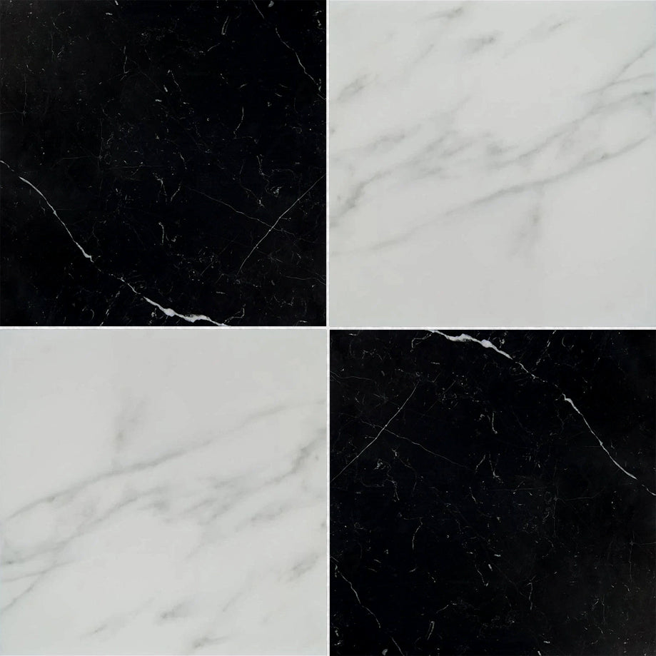 18x18 Checkerboard Tile - Black Marquina & Asian Statuary Honed Marble