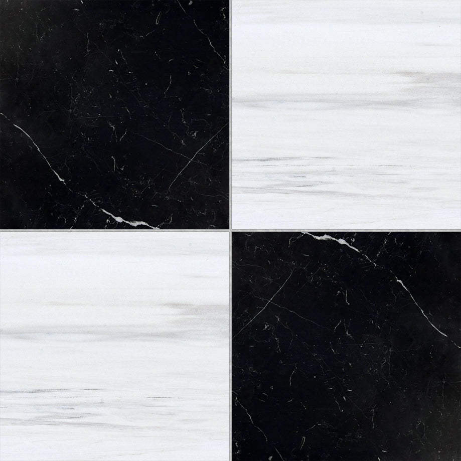 18x18 Checkerboard Tile - Black Marquina & Bianco Dolomite Polished Marble