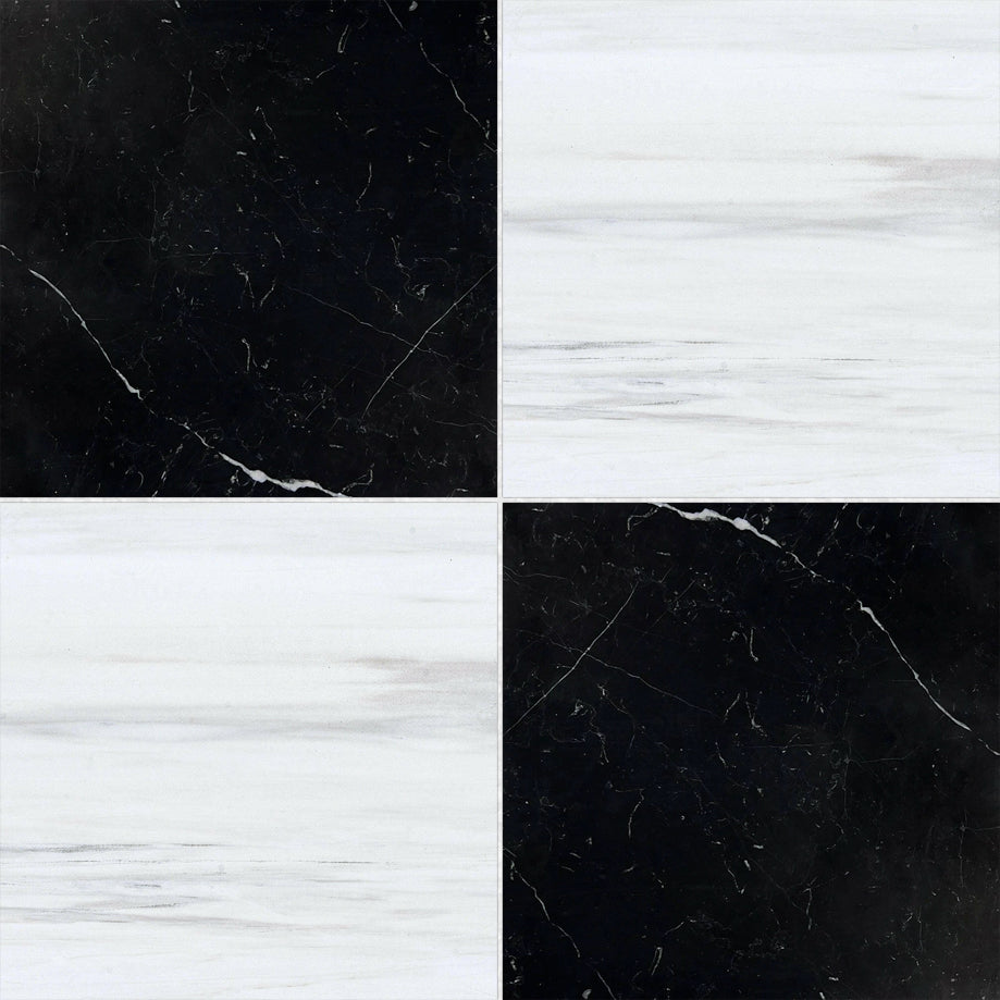 18x18 Checkerboard Tile - Black Marquina & Bianco Dolomite Polished Marble