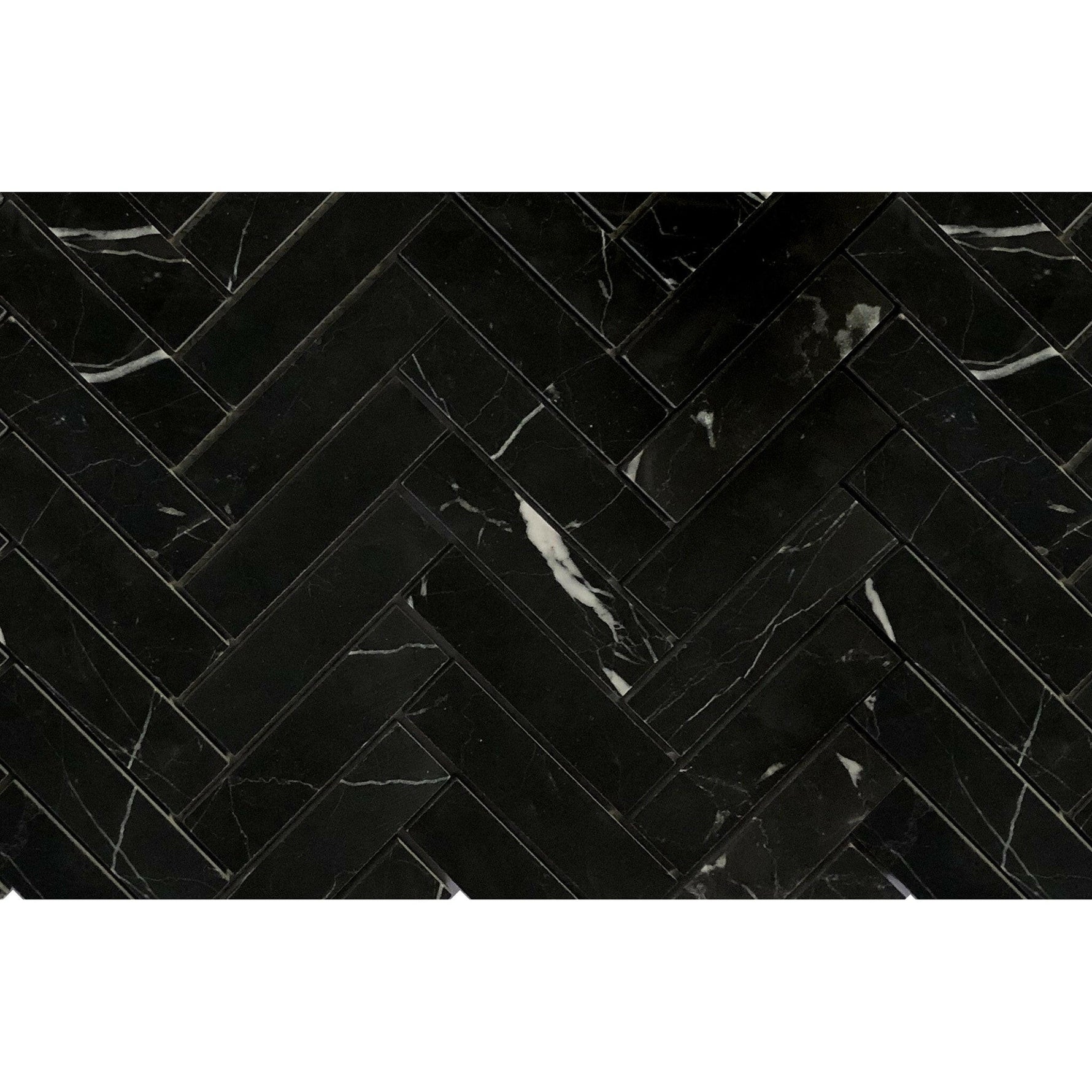 1.25x6 Black Marquina Marble Polished Herringbone Mosaic Tile 1.25x6 Black Marquina Marble Polished Herringbone Mosaic Tile - American Tile Depot