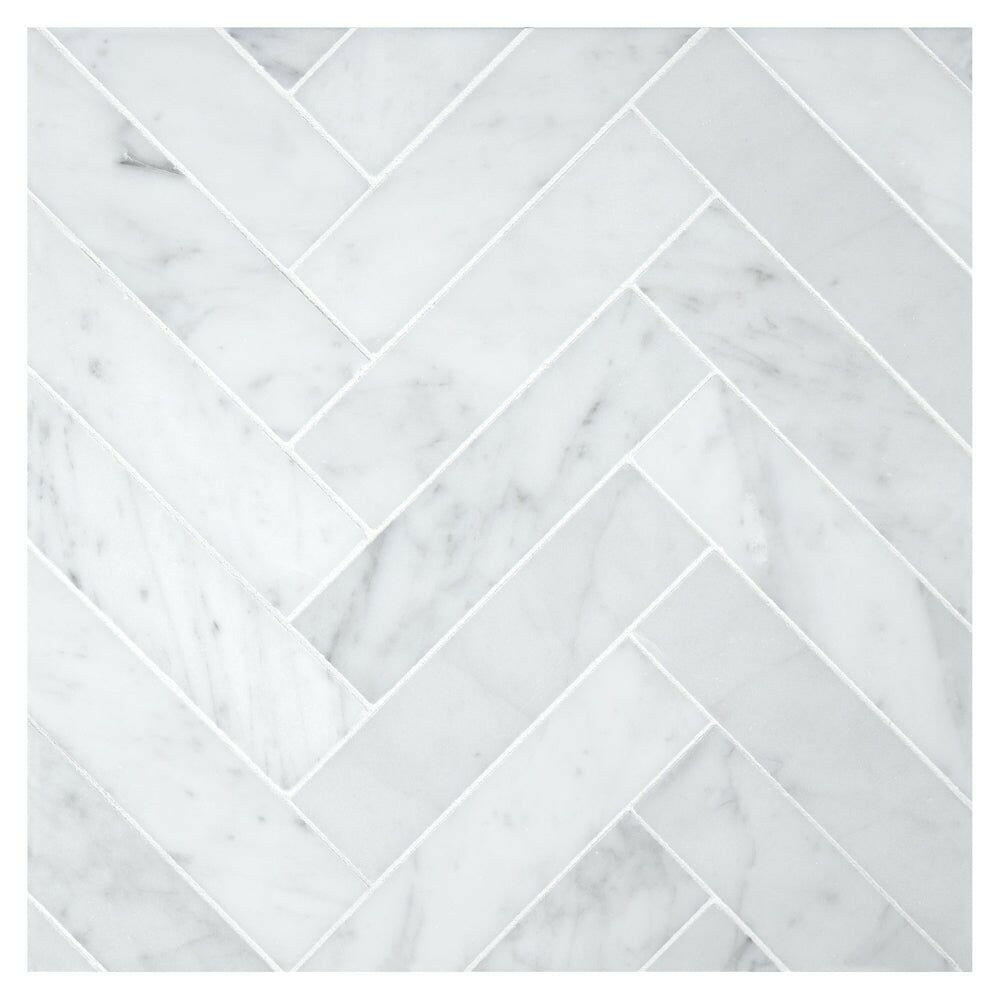 1.5x6 Carrara White Marble Polished Herringbone Mosaic Tile 1.5x6 Carrara White Marble Polished Herringbone Mosaic Tile - American Tile Depot