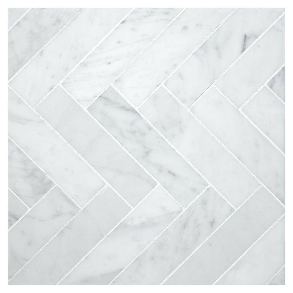 1.5x6 Carrara White Marble Polished Herringbone Mosaic Tile 1.5x6 Carrara White Marble Polished Herringbone Mosaic Tile - American Tile Depot