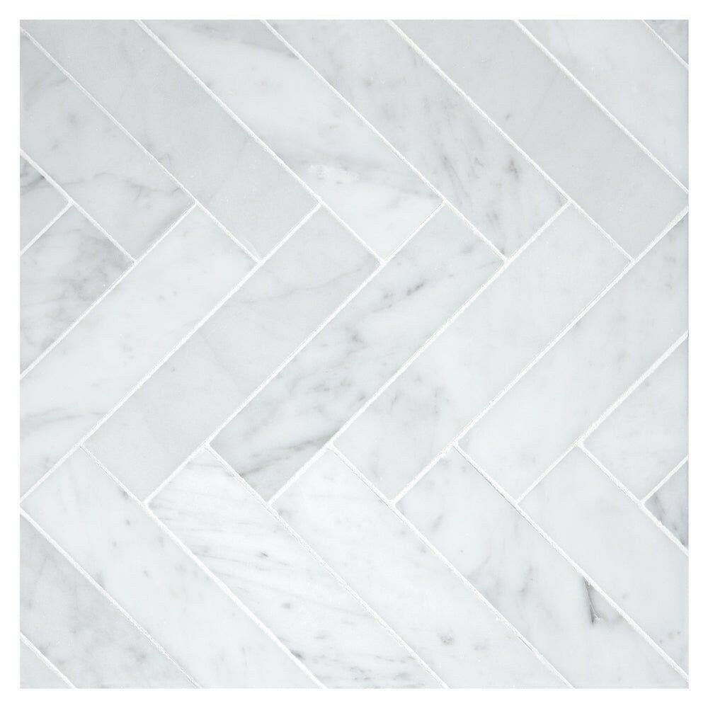 1.5x6 Carrara White Marble Polished Herringbone Mosaic Tile 1.5x6 Carrara White Marble Polished Herringbone Mosaic Tile - American Tile Depot