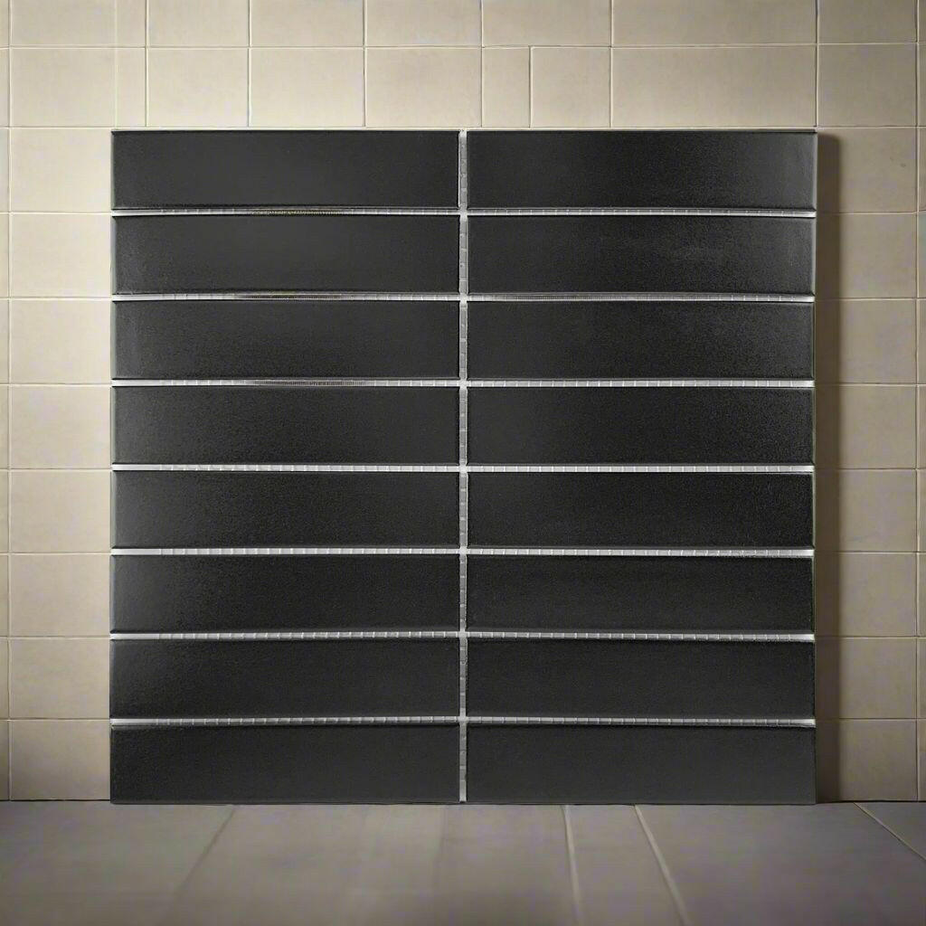 1.25x6 Gio Black Stacked Linear Porcelain Glossy Mosaic Tile 1.25x6 Gio Black Stacked Linear Porcelain Glossy Mosaic Tile - American Tile Depot
