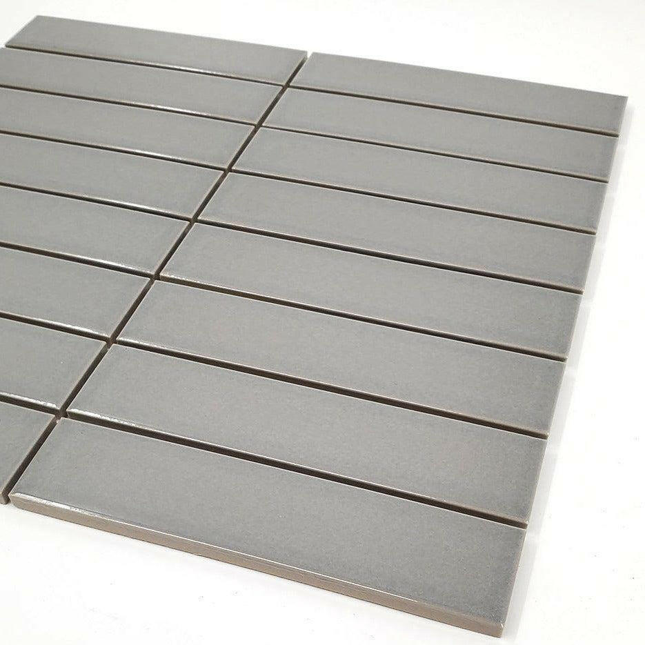1.25x6 Gio Gray Stacked Linear Porcelain Glossy Mosaic Tile 1.25x6 Gio Gray Stacked Linear Porcelain Glossy Mosaic Tile - American Tile Depot