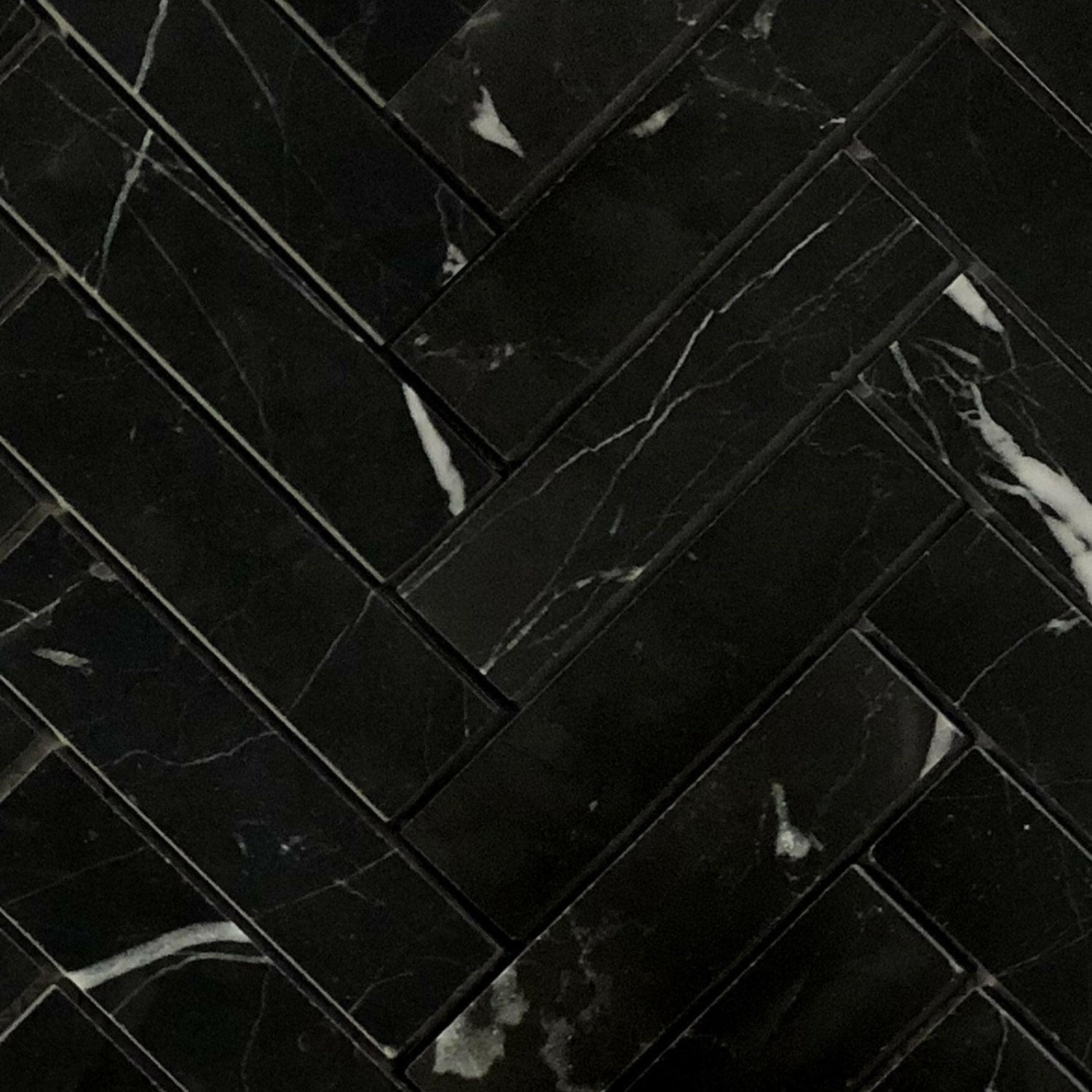 1.5x6 Black Marquina Marble Polished Herringbone Mosaic Tile 1.5x6 Black Marquina Marble Polished Herringbone Mosaic Tile - American Tile Depot