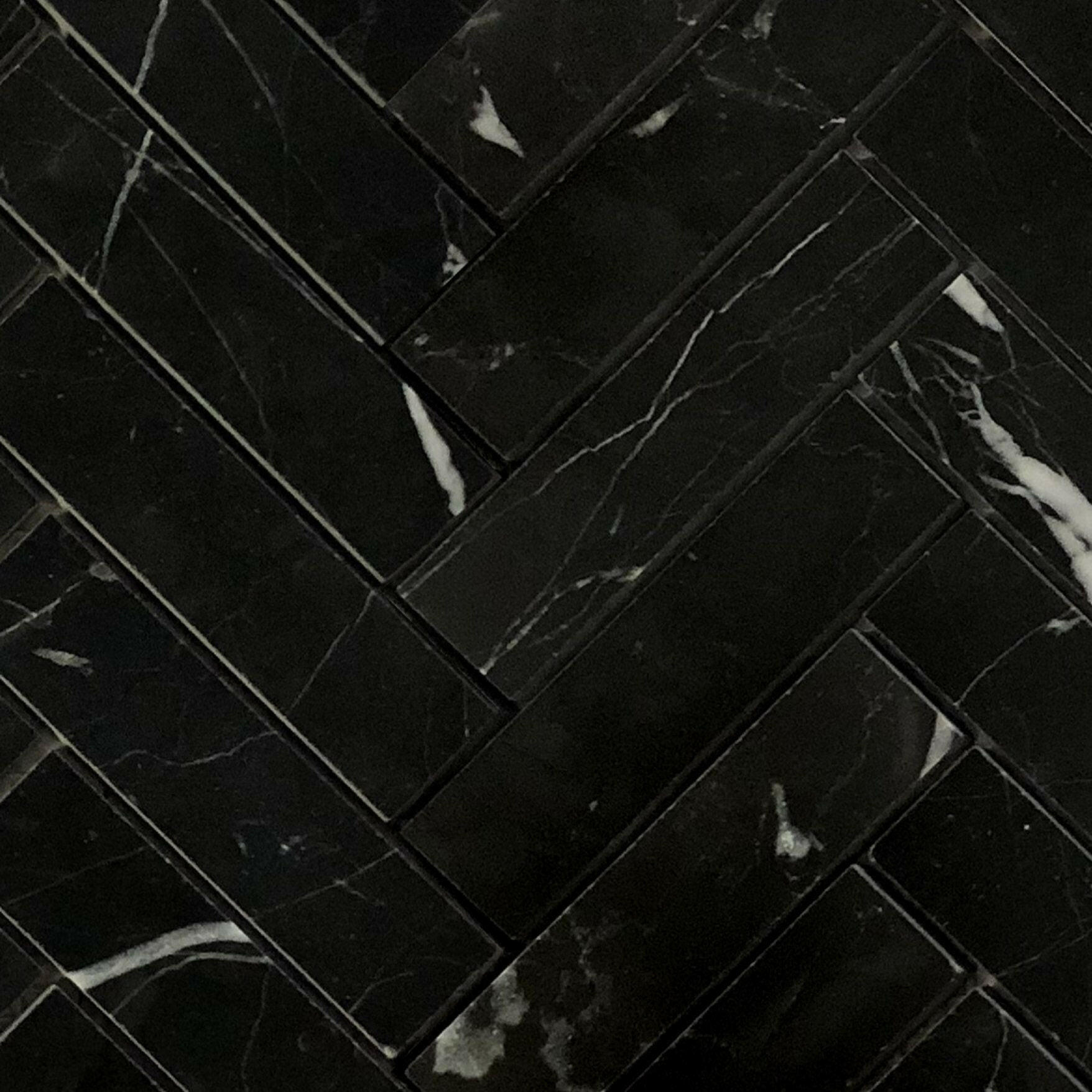 1.25x6 Black Marquina Marble Polished Herringbone Mosaic Tile 1.25x6 Black Marquina Marble Polished Herringbone Mosaic Tile - American Tile Depot