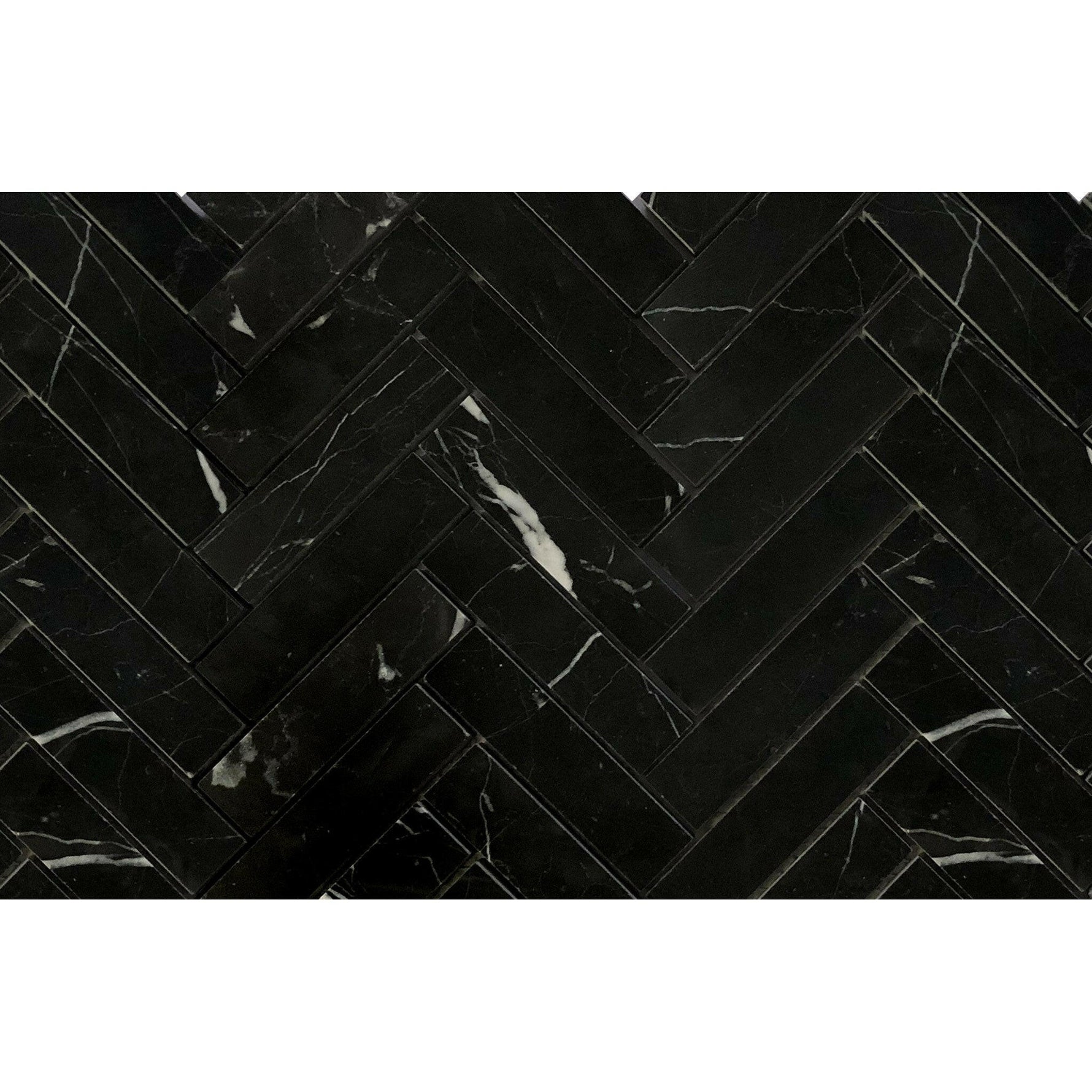 1.25x6 Black Marquina Marble Polished Herringbone Mosaic Tile 1.25x6 Black Marquina Marble Polished Herringbone Mosaic Tile - American Tile Depot