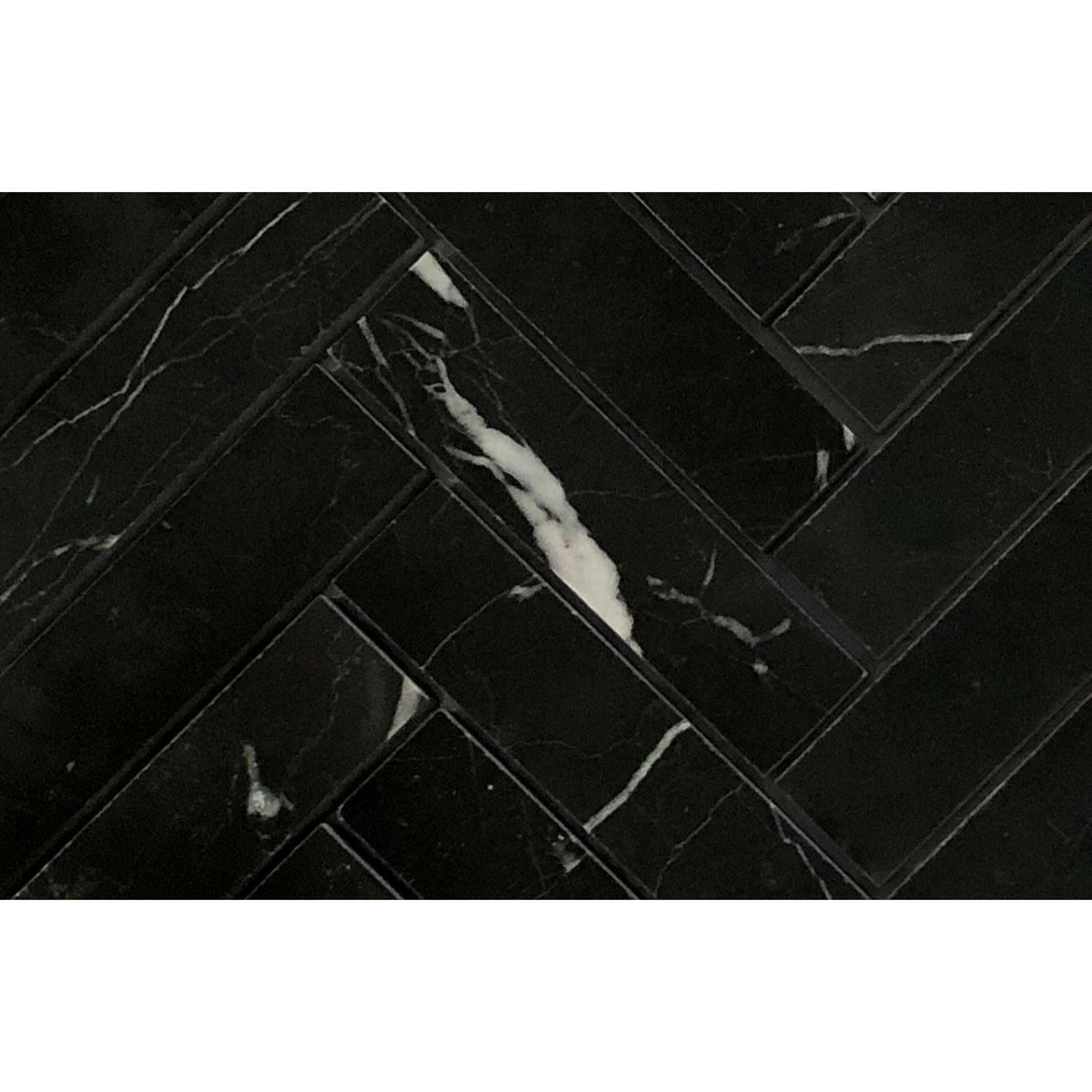 1.25x6 Black Marquina Marble Polished Herringbone Mosaic Tile 1.25x6 Black Marquina Marble Polished Herringbone Mosaic Tile - American Tile Depot