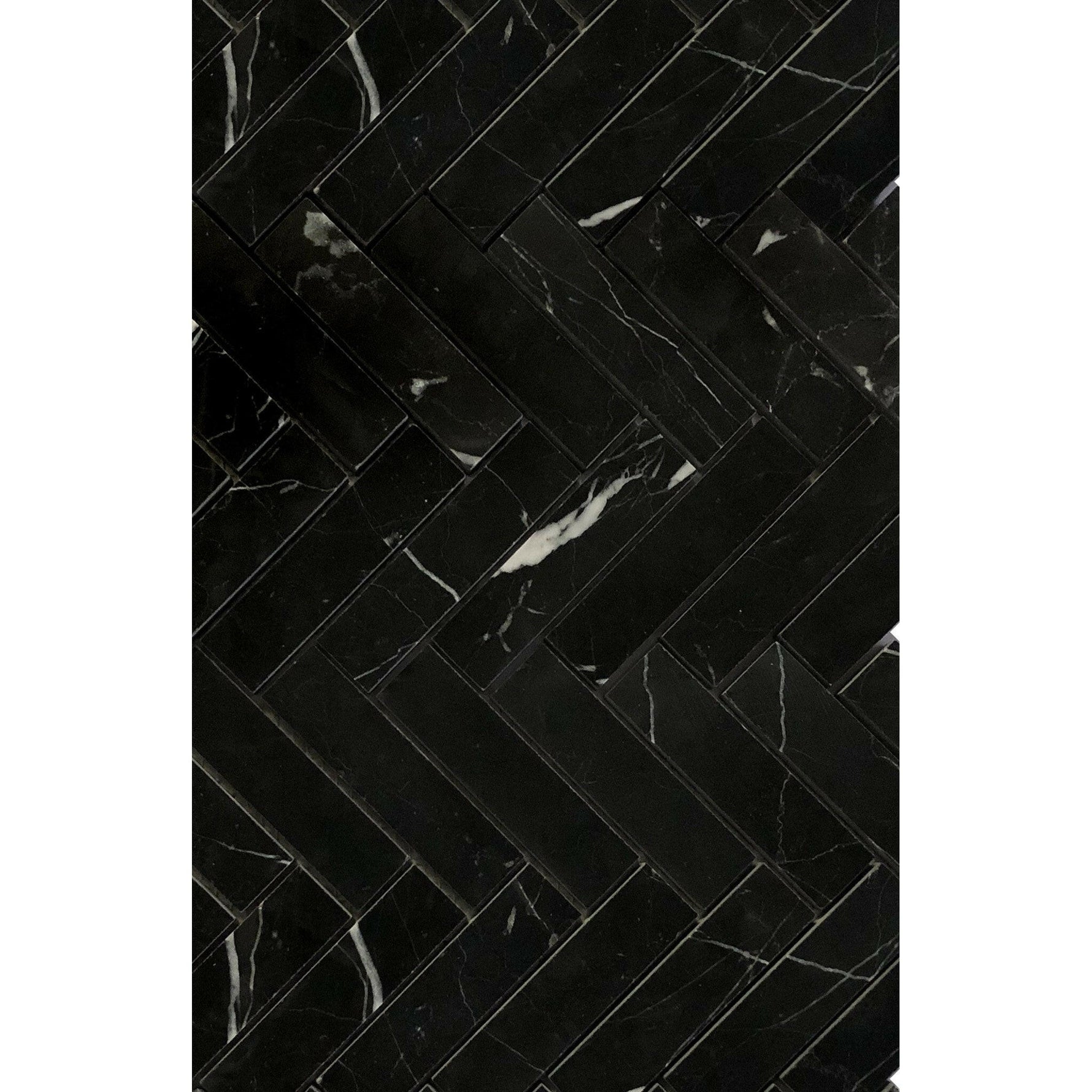 1.25x6 Black Marquina Marble Polished Herringbone Mosaic Tile 1.25x6 Black Marquina Marble Polished Herringbone Mosaic Tile - American Tile Depot