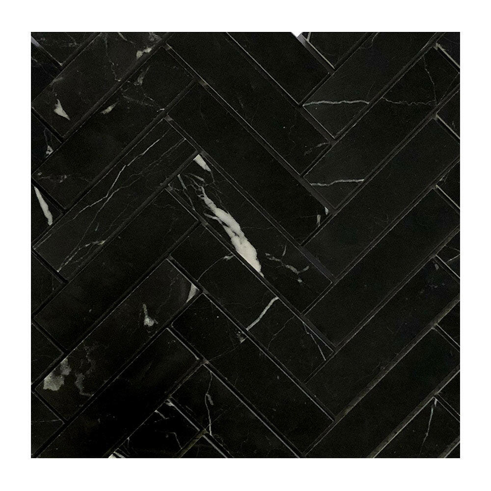 1.5x6 Black Marquina Marble Polished Herringbone Mosaic Tile 1.5x6 Black Marquina Marble Polished Herringbone Mosaic Tile - American Tile Depot