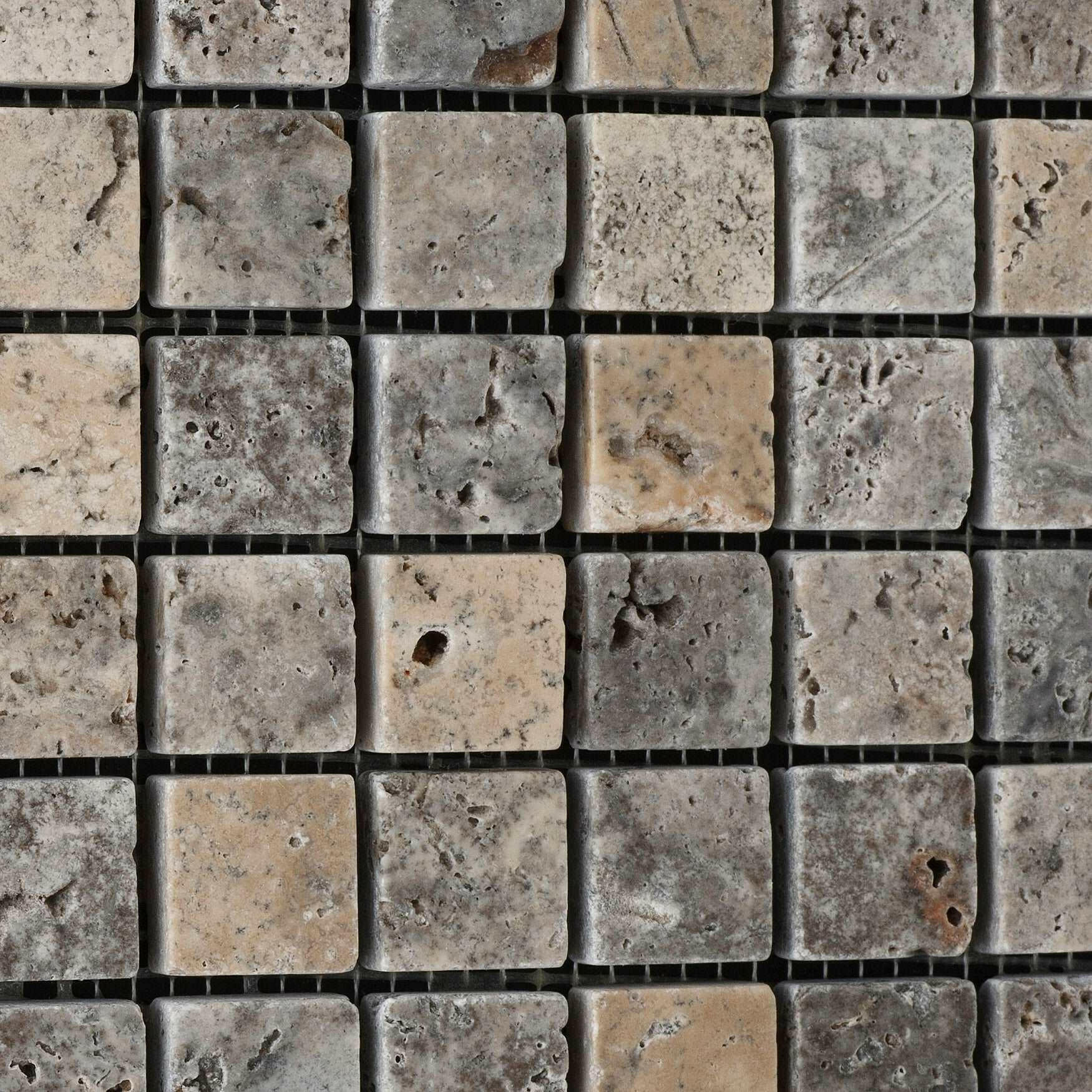 1x1 Silver Travertine Tumbled Mosaic Tile 1x1 Silver Travertine Tumbled Mosaic Tile - American Tile Depot