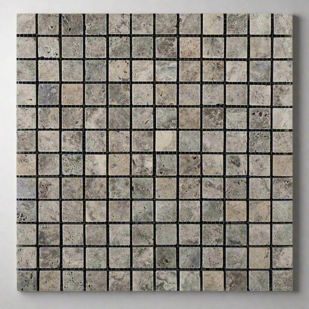 1x1 Silver Travertine Tumbled Mosaic Tile 1x1 Silver Travertine Tumbled Mosaic Tile - American Tile Depot