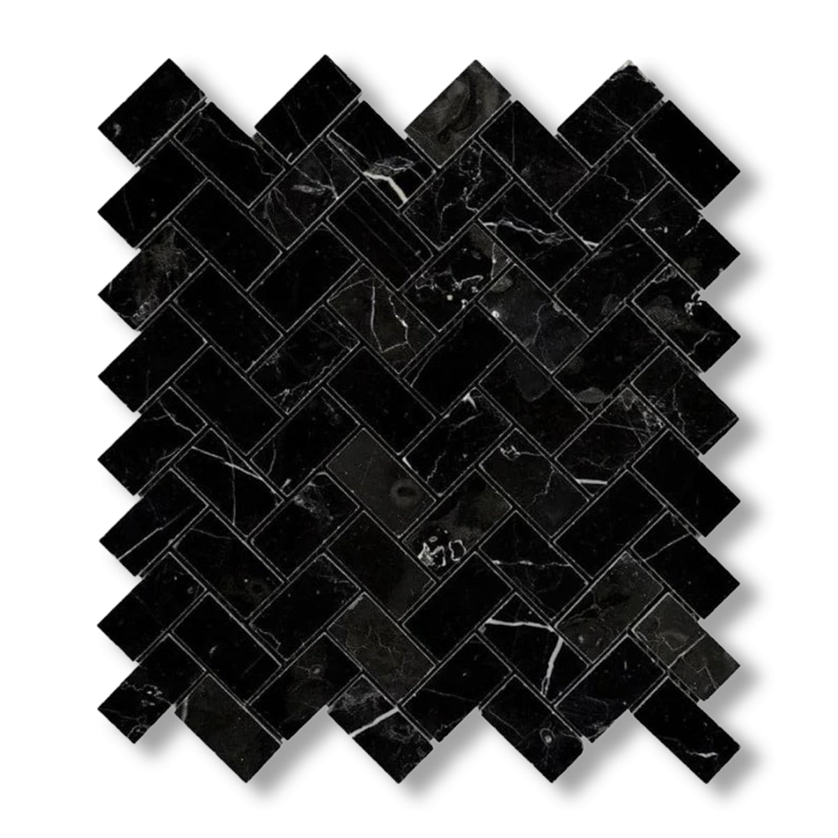 1x2 Black Marquina Marble Honed Herringbone Mosaic Tile