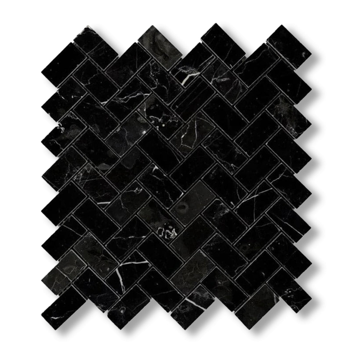 1x2 Black Marquina Marble Honed Herringbone Mosaic Tile - American Tile Depot