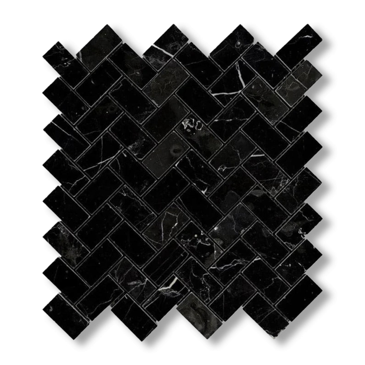 1x2 Black Marquina Marble Honed Herringbone Mosaic Tile - American Tile Depot