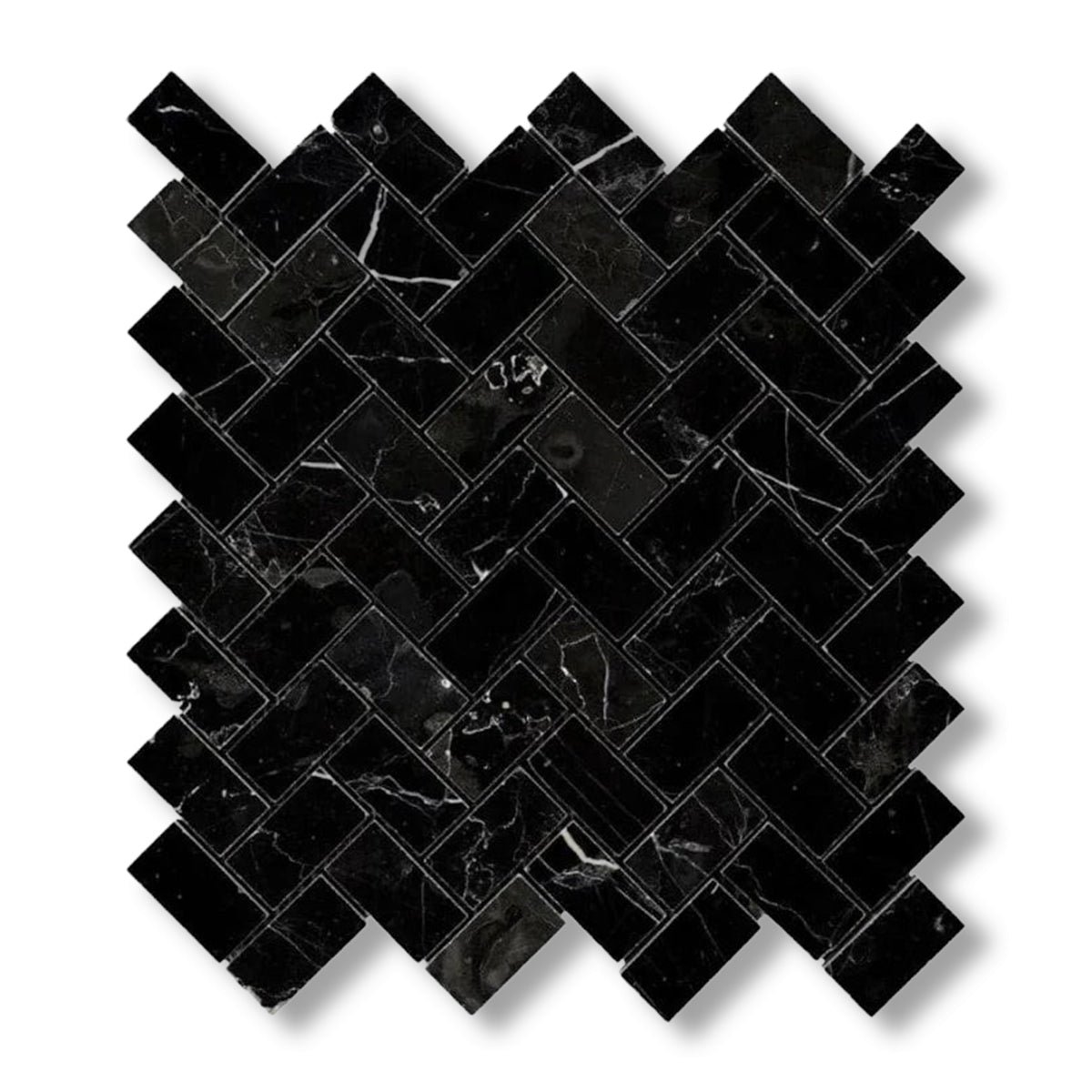 1x2 Black Marquina Marble Honed Herringbone Mosaic Tile - American Tile Depot