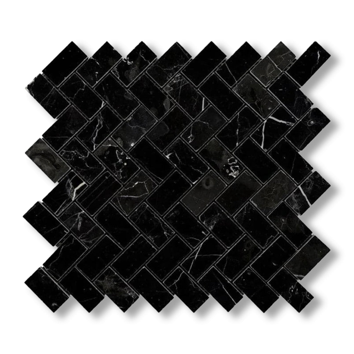 1x2 Black Marquina Marble Honed Herringbone Mosaic Tile - American Tile Depot