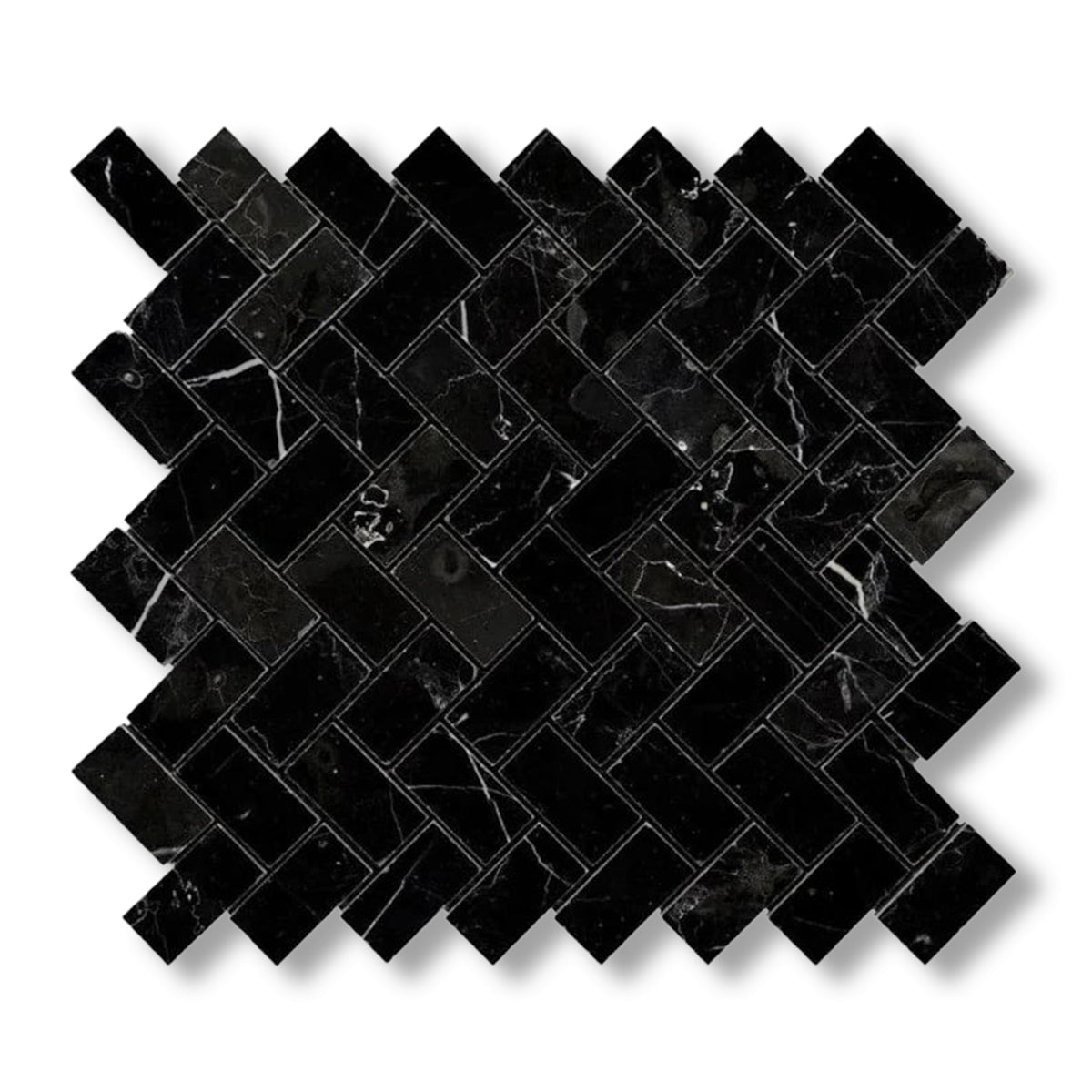 1x2 Black Marquina Marble Honed Herringbone Mosaic Tile - American Tile Depot