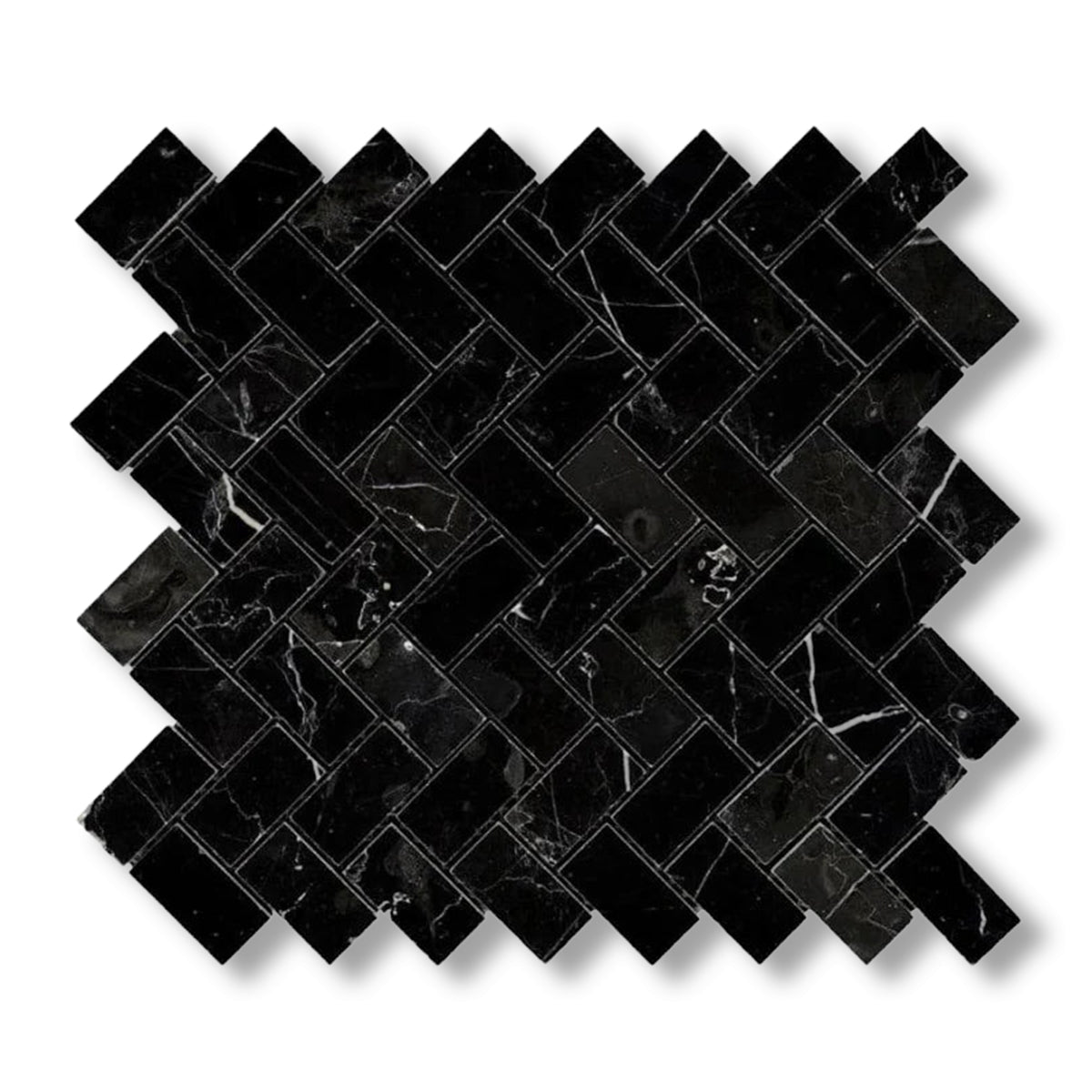 1x2 Black Marquina Marble Honed Herringbone Mosaic Tile - American Tile Depot