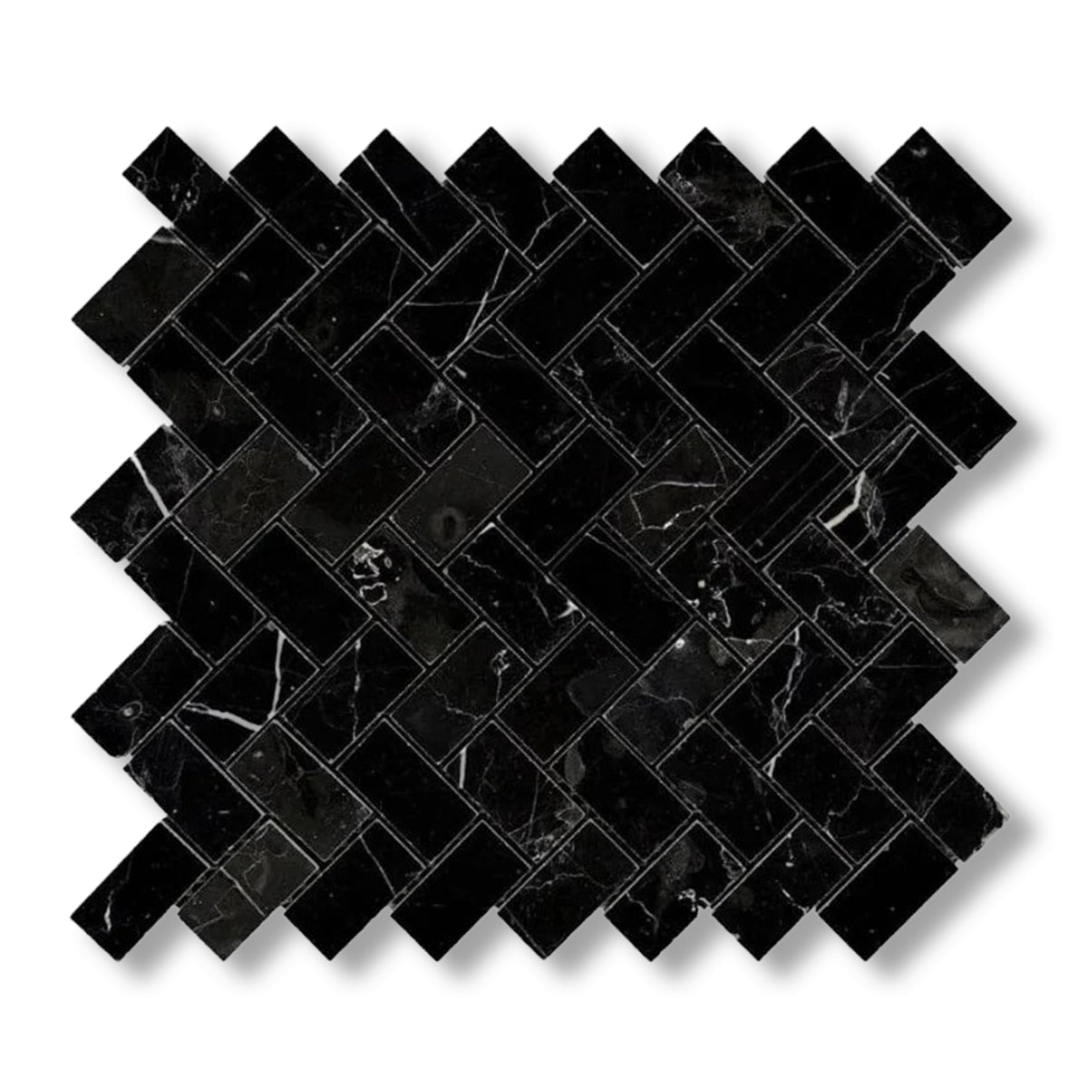 1x2 Black Marquina Marble Honed Herringbone Mosaic Tile - American Tile Depot
