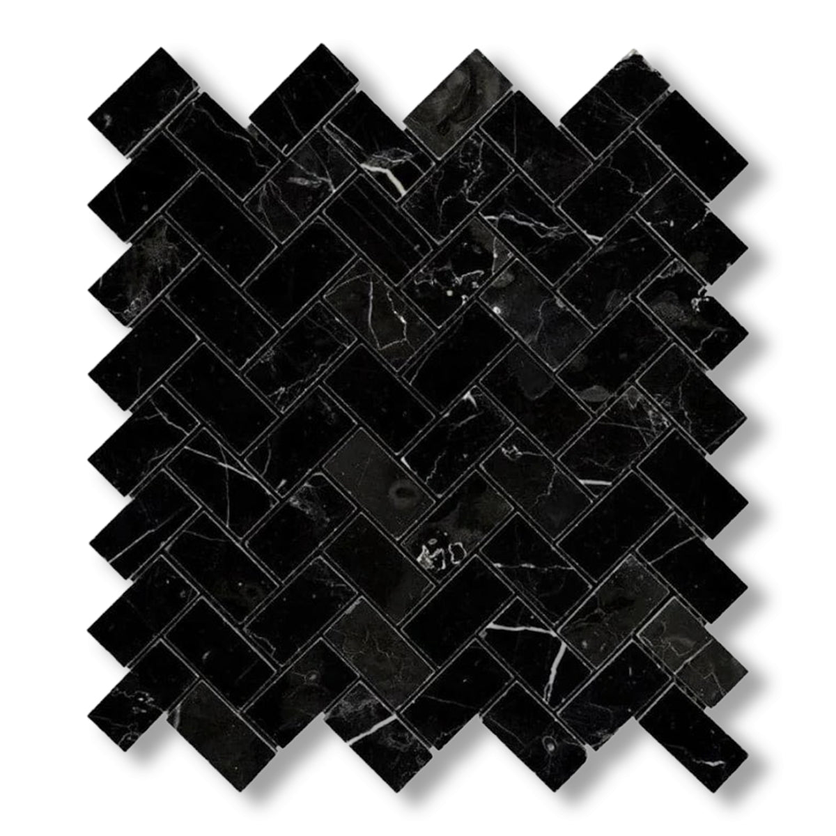 1x2 Black Marquina Marble Polished Herringbone Mosaic Tile