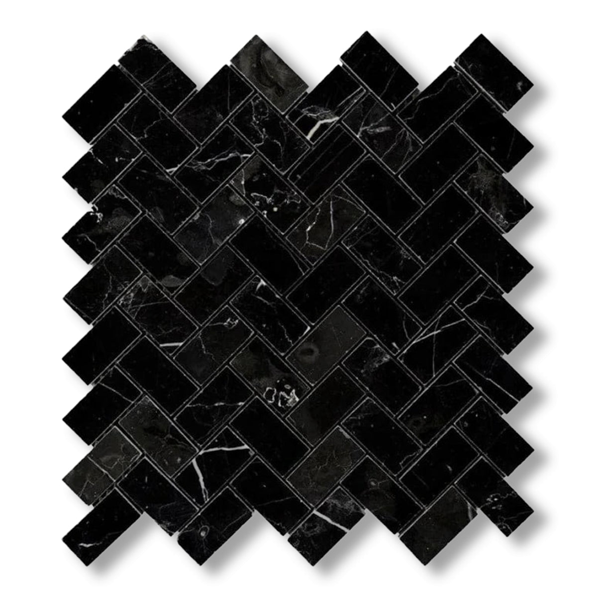 1x2 Black Marquina Marble Polished Herringbone Mosaic Tile - American Tile Depot