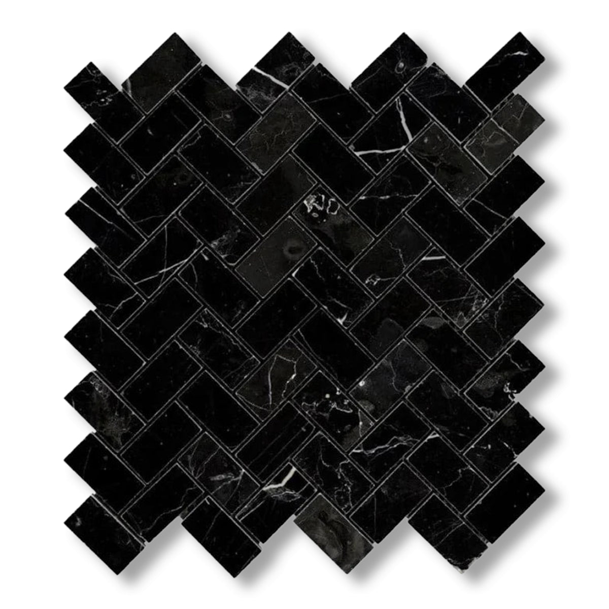1x2 Black Marquina Marble Polished Herringbone Mosaic Tile - American Tile Depot