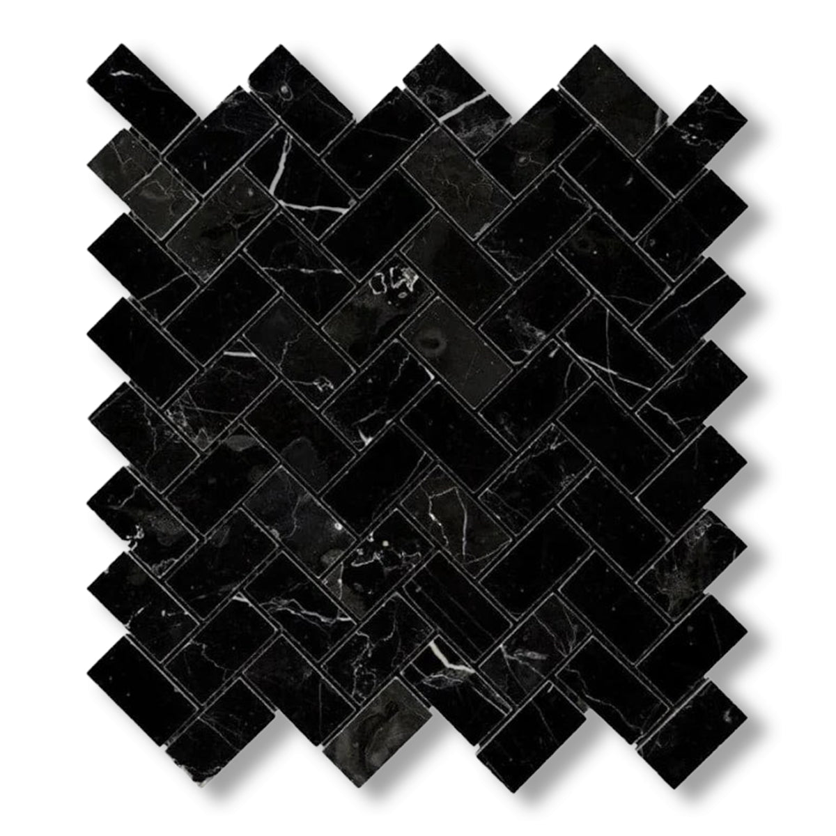 1x2 Black Marquina Marble Polished Herringbone Mosaic Tile